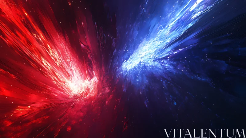 Contrasting red and blue radiant streaks converge centrally