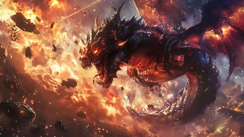 Armored infernal dragon traversing explosive cosmic battlefield.