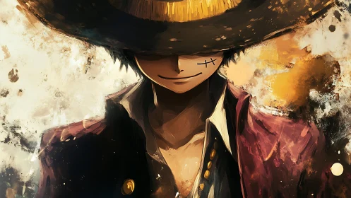 Mysterious straw hat hero smiles amid bold swirling colors