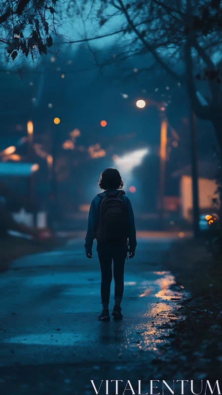 Silhouetted child with backpack on wet evening street.