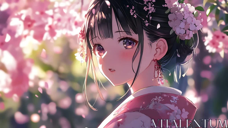 Anime girl in pink kimono under soft cherry blossoms.