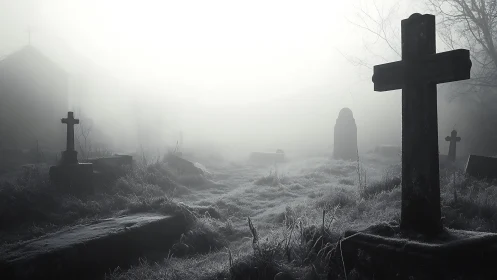 Foggy graveyard with frosted crosses at dawn.