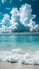 Towering cloudscape rises above tranquil turquoise sea.