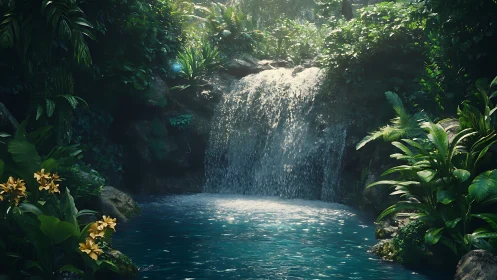 Digital rendering depicts small waterfall in dense foliage