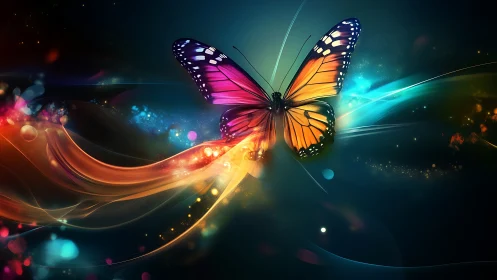 Vibrant butterfly soaring through neon cosmic light trails.