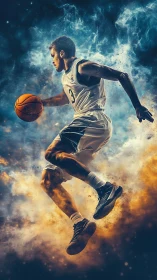 Dynamic basketball jump rendered with high-contrast particle effects