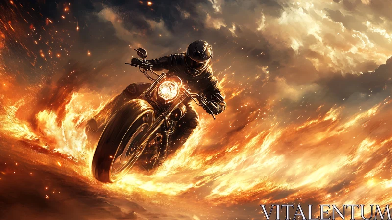 Motorcyclist riding through dynamic arc of surrounding fire.
