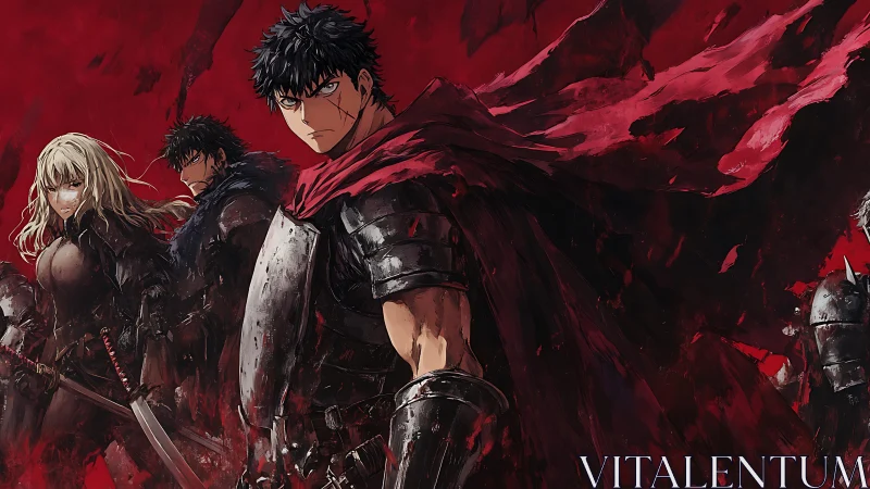 Armored warriors advance against abstract crimson battlefield