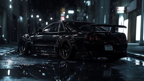 Photorealistic tuner coupe in cinematic nocturnal streetscape.