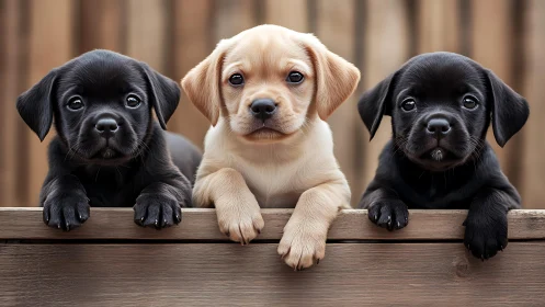 Three young puppies aligned at wooden fence edge.