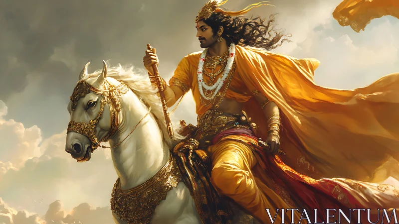 Majestic warrior prince on white steed under stormlit skies.