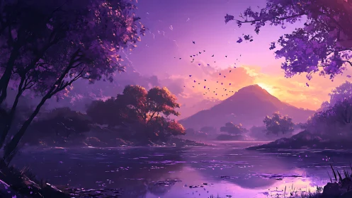 Violet dusk river cradles a radiant, dream-lit mountain.