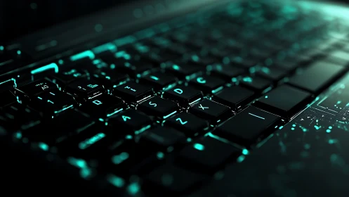 Backlit keyboard glows with neon cyber ambiance at night