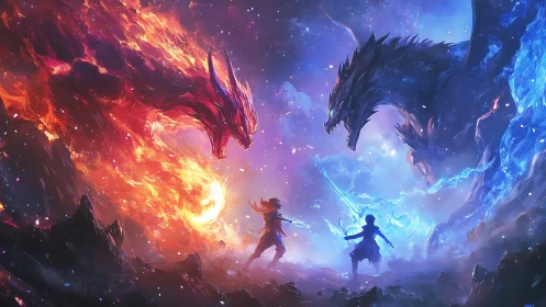 Fire and ice dragons confronting duelists in voidscape.