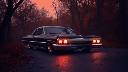Photorealistic classic muscle car on misty forest road at dusk.