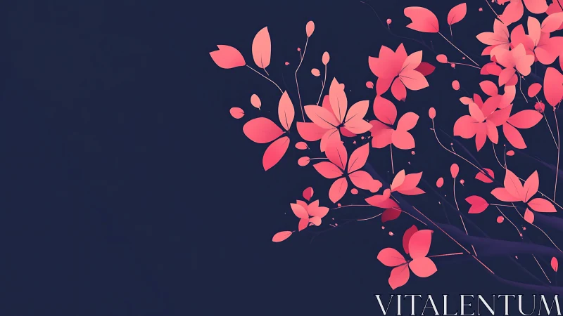 Vectorial cherry blossoms on deep navy negative space field.
