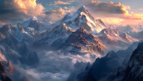 Mountain city rises among snow-covered peaks at sunrise
