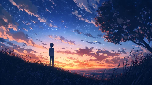 Sky-gazing dreamer beneath a wildfire sunset of stars.