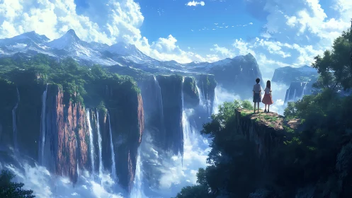 Two children overlook vast floating cliffs and waterfalls