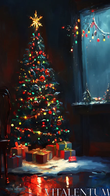 Illuminated Christmas tree with gifts in warm interior scene