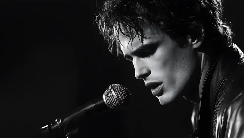 Moody monochrome rocker in tight microphone close-up portrait.