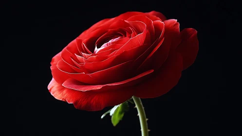 Crimson Rose Bloom Against Black Background with Thorned Stem.