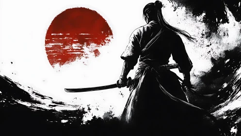 Backlit samurai silhouette before textured crimson sun disc.