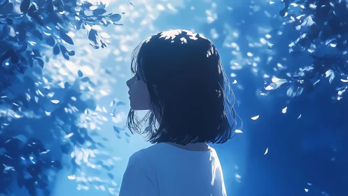 Moonlit thoughts drift as the girl listens to blue silence