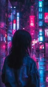 Girl watches neon street glow through rainy glass wall.