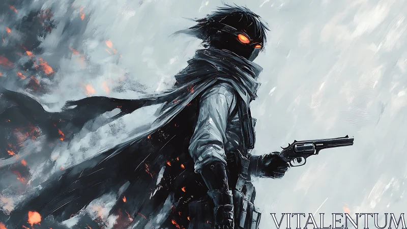 Storm-lit wanderer stands ready with glowing eyes and gun