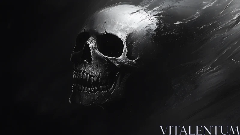 Dark digital skull emerging through swirling shadowed void.