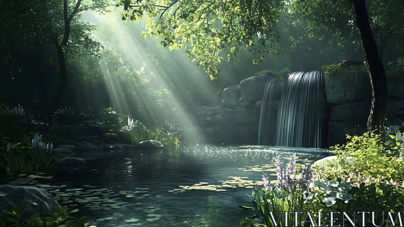 Volumetric light over shaded forest pool with dual rock waterfalls