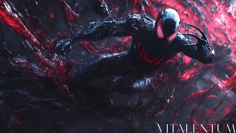 Shadow-suited hero racing through swirling crimson energy.