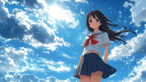 Schoolgirl stands under bright midday sky with scattered clouds