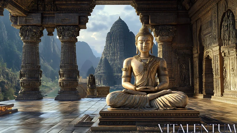 Golden Buddha in quiet mountain temple of carved stone calm.