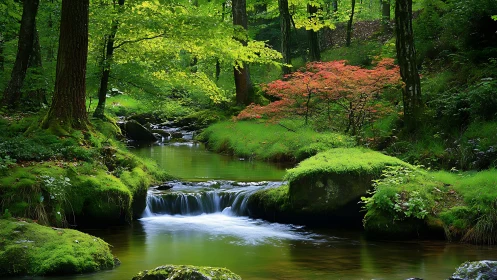 Forest stream with mossy rocks and mixed green foliage.