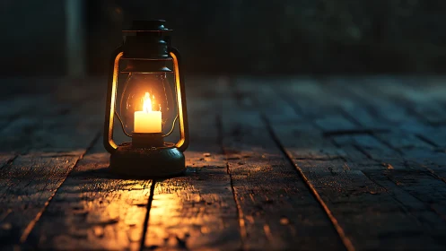 Lantern's Warm Vigil on Weathered Timber.