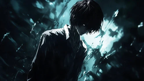 Shadowlit loner bends beneath a storm of fractured light.