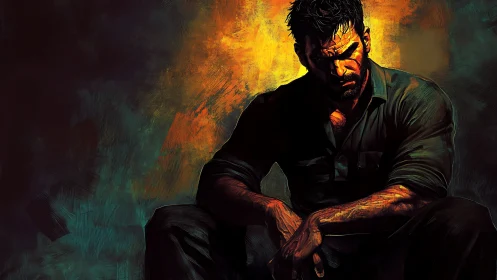 Brooding hero resting in warm light and painted shadow.