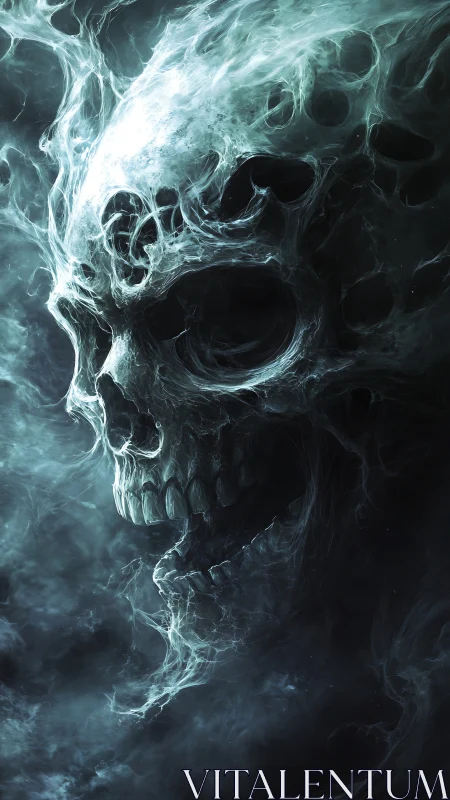 Volumetric spectral skull formed from turbulent ethereal vapor.