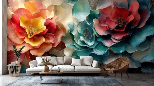 Oversized floral mural transforms a cozy modern living room.