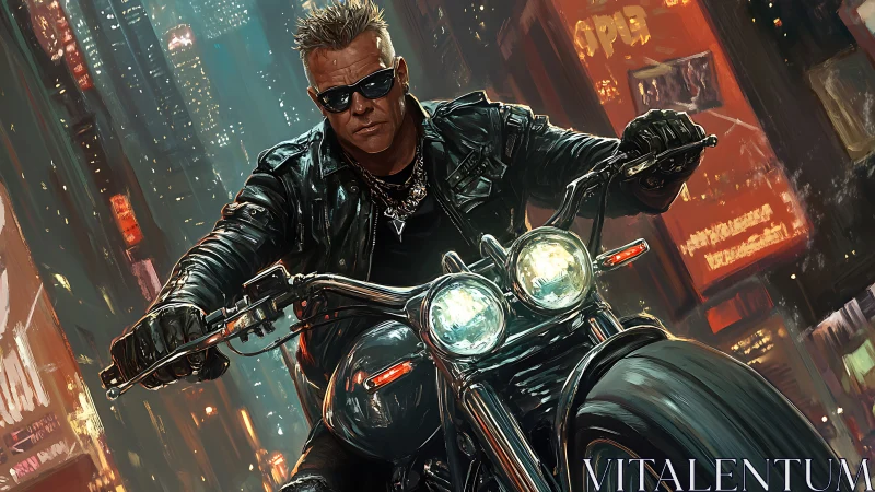 Motorcyclist in urban night setting on illuminated street.