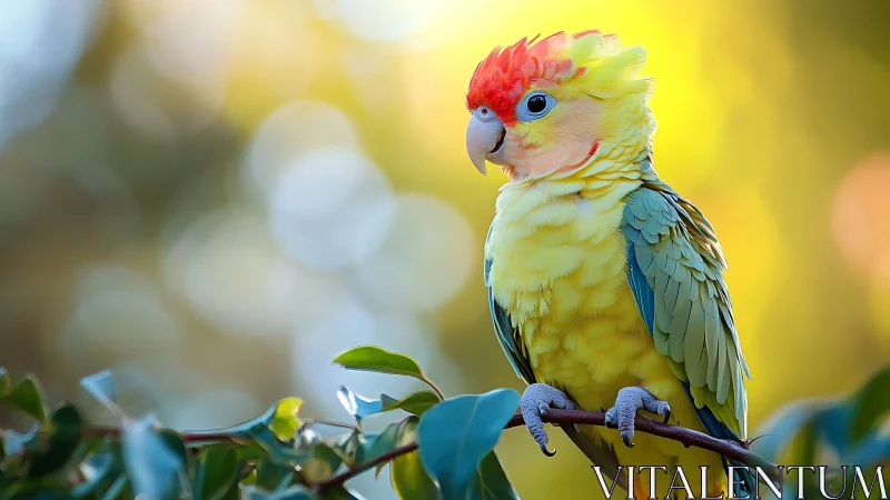 Vibrant parrot perched on branch with glowing bokeh background.