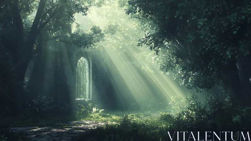 Sunlit forest ruin where morning light feels like magic.