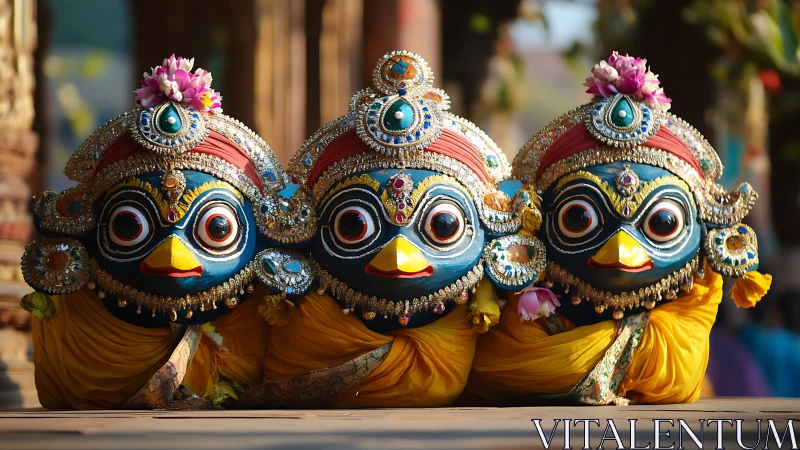 Ornate wooden deity figures arranged in symmetrical row.