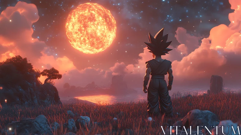 Saiyan warrior gazes toward a burning celestial sunscape.