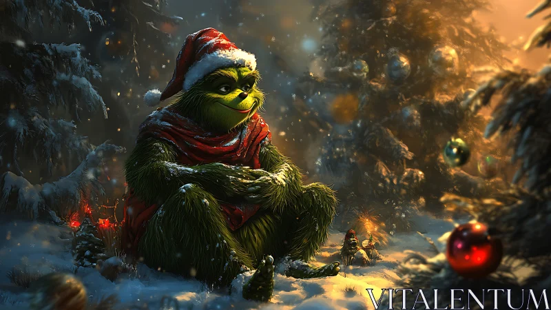 Grinch-like creature rests in cinematic snowy Christmas forest