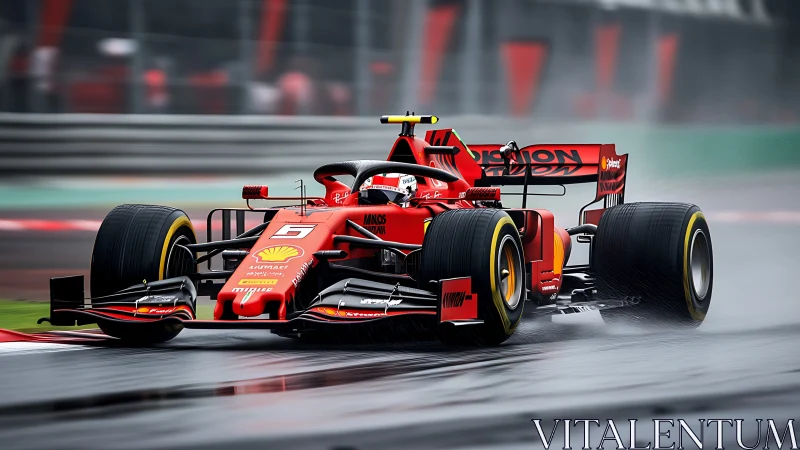 Photorealistic Formula car on wet circuit with dynamic motion blur.