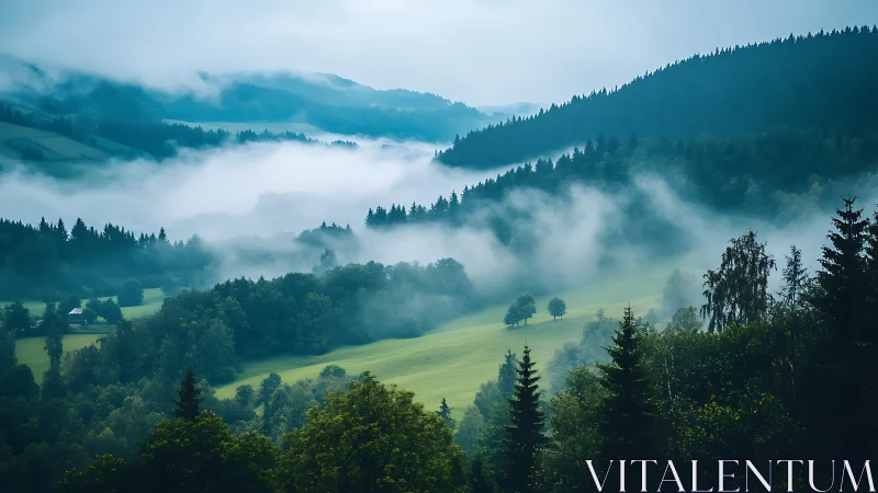 Misty Mountain Valley Nestled in Peaceful Serenity.