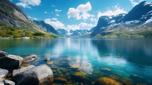 Glacial mountain lake with crystal reflections and clarity
